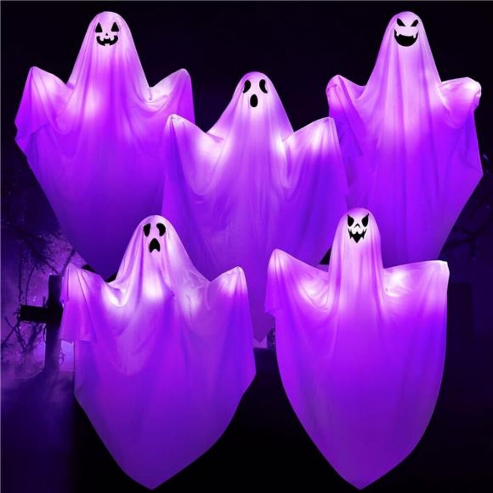 5Pack Halloween Light up Hanging Ghost with Spooky Purple LED Light